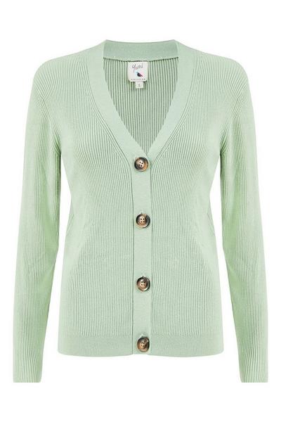 Yumi Green Ribbed V-Neck Knitted Cardigan