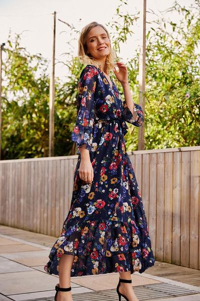 Yumi Navy Navy Bird And Floral Print Wrap Dress