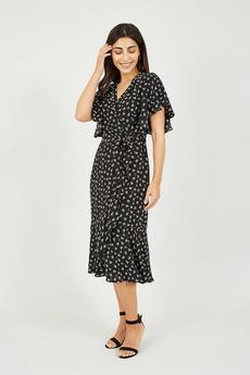 Mela Black Black Ditsy Frill Midi Wrap Dress