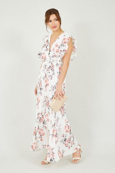 Yumi White White Floral Frill Sleeve Maxi Dress