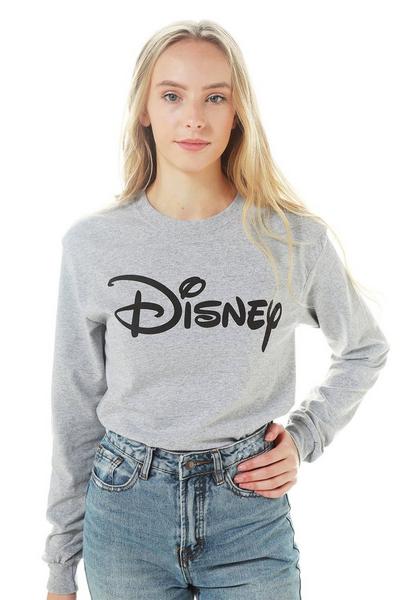 Disney Grey Plain Logo Cotton Long Sleeve T-shirt
