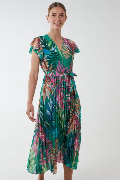 Blue Vanilla Green Leaf Print Pleated Dress