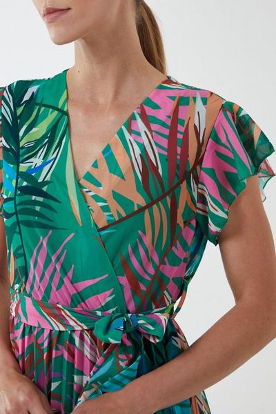Blue Vanilla Green Leaf Print Pleated Dress