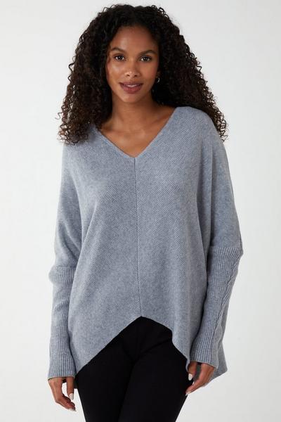 Blue Vanilla Grey Dipped Front V Neck Knit Jumper