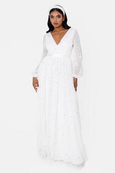 Maya Deluxe White Bridal Embellished Long Sleeve V Neck Maxi Dress
