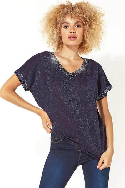 Roman Midnight Sparkle Embellished Knit Top