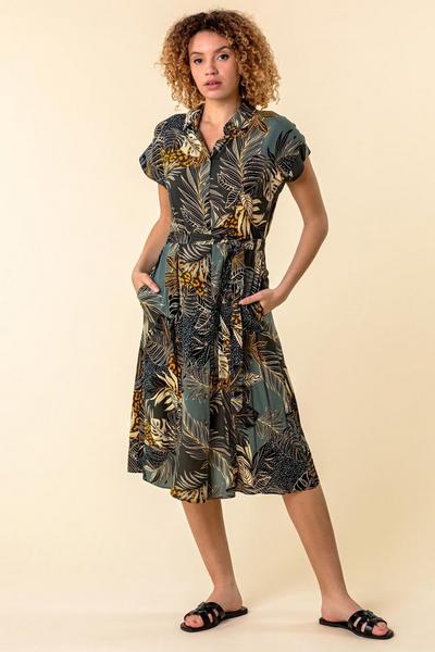 Roman Green Tropical Leaf Print Shirt Dress