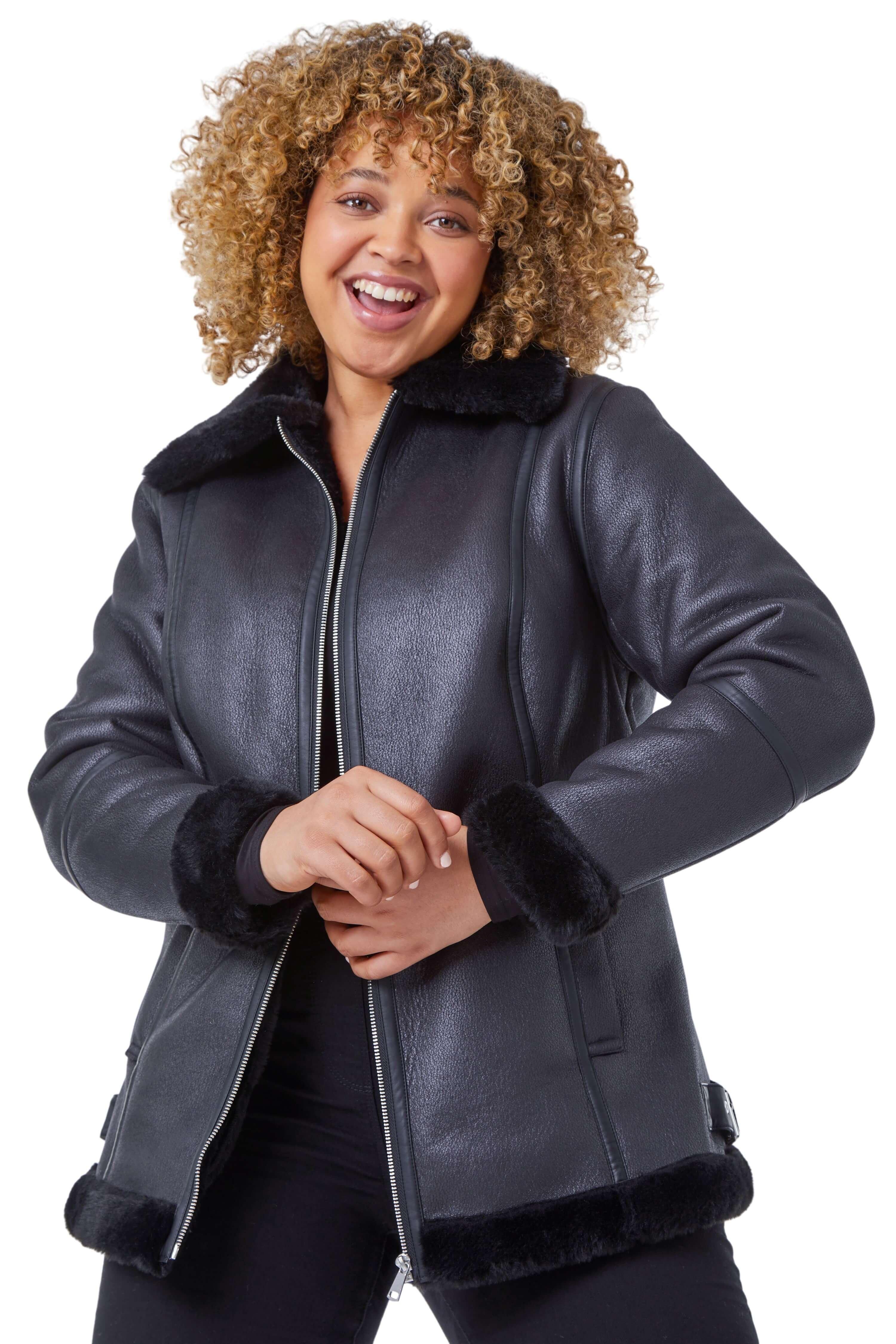 black leather look faux fur lined aviator jacket