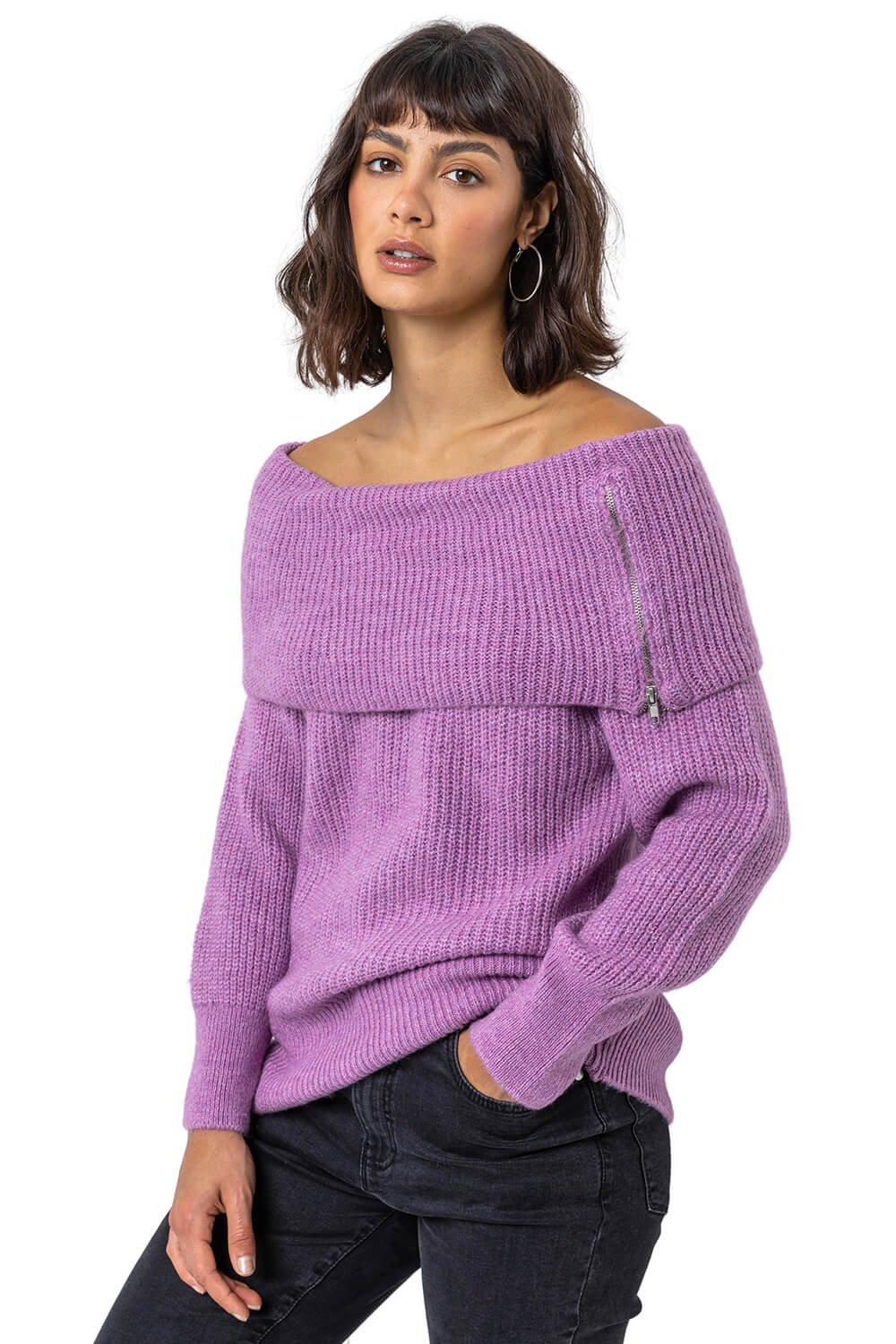 Jumpers & Cardigans | Ribbed Bardot Zip Neck Jumper | Roman