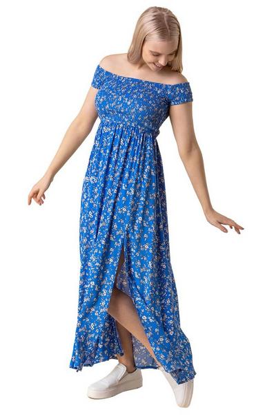 Roman Blue Shirred Ditsy Floral Print Bardot Dress