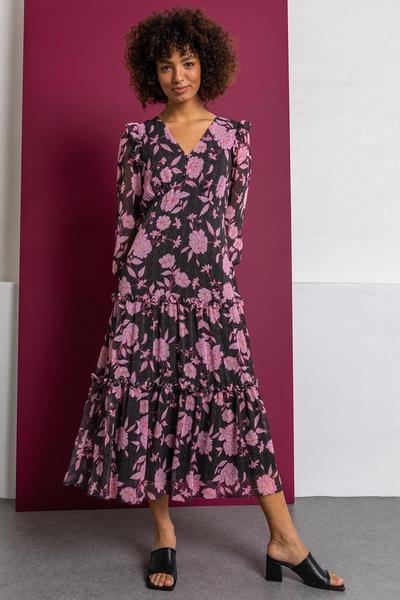Dusk Pink Floral Spot Print Tiered Midi Dress