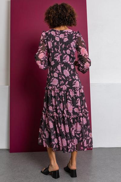 Dusk Pink Floral Spot Print Tiered Midi Dress