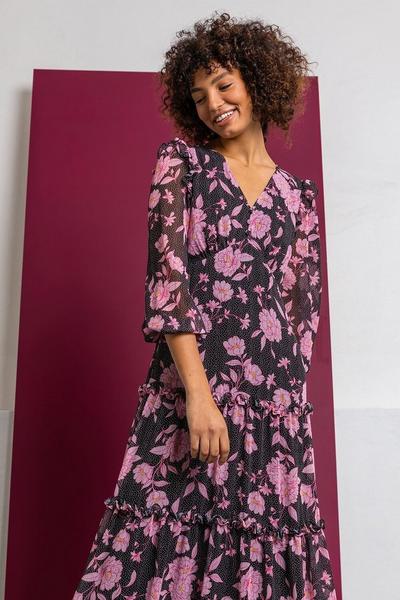 Dusk Pink Floral Spot Print Tiered Midi Dress