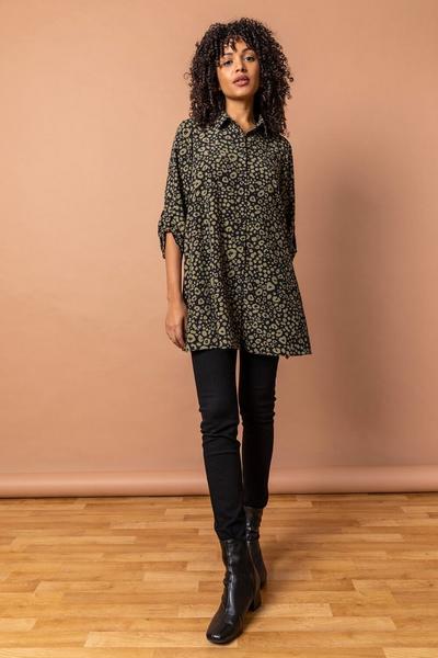 Roman Khaki Animal Print Tunic Blouse