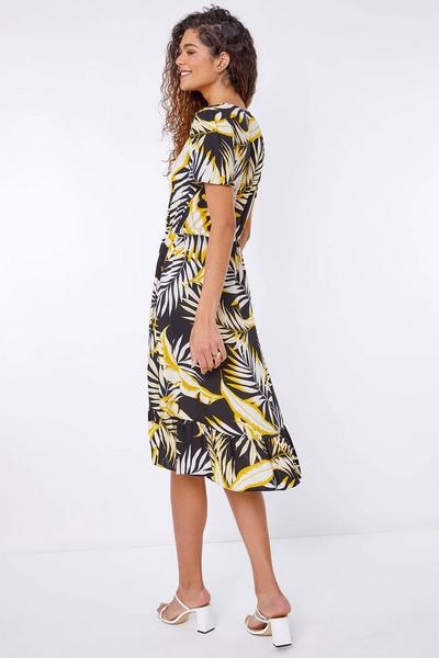 Roman Black Tropical Leaf Frill Hem Midi Dress