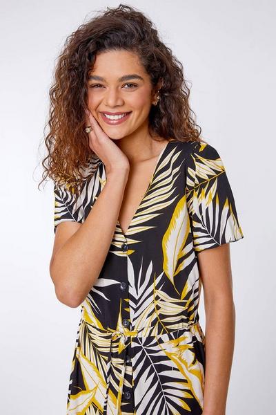 Roman Black Tropical Leaf Frill Hem Midi Dress