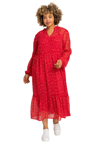 Roman Red Curve Ditsy Print Tiered Midi Dress
