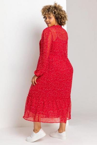 Roman Red Curve Ditsy Print Tiered Midi Dress