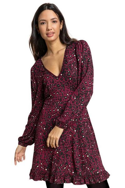Roman Wine Animal Print Frill Hem Dress