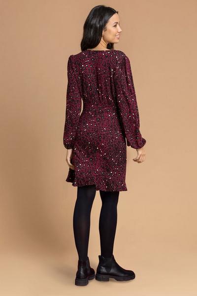 Roman Wine Animal Print Frill Hem Dress