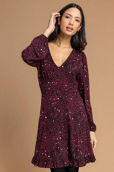 Roman Wine Animal Print Frill Hem Dress