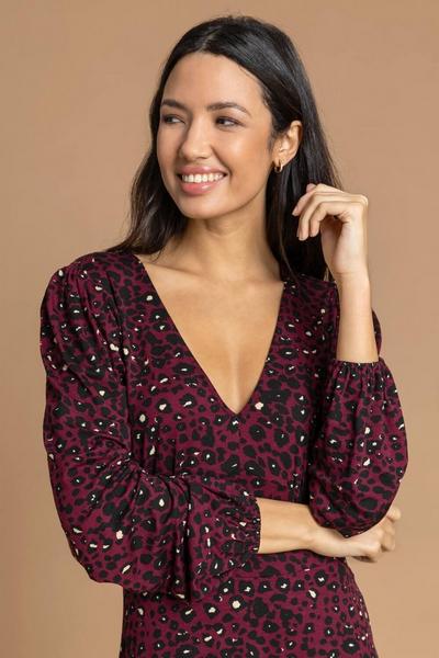 Roman Wine Animal Print Frill Hem Dress