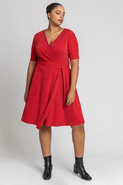 Roman Red Curve Shimmer Wrap Dress