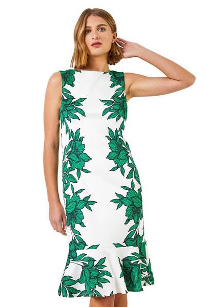 Roman Green Floral Border Print Frill Stretch Dress