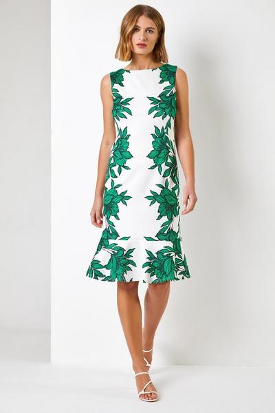 Roman Green Floral Border Print Frill Stretch Dress