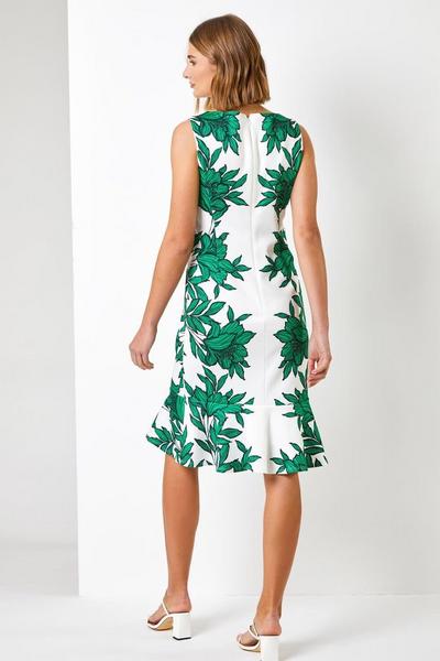 Roman Green Floral Border Print Frill Stretch Dress