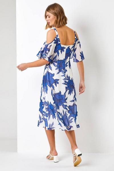 Roman Royal Linear Floral Print Cold Shoulder Dress