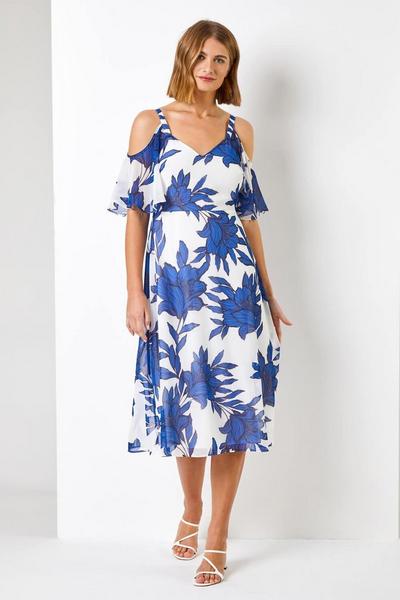 Roman Royal Linear Floral Print Cold Shoulder Dress