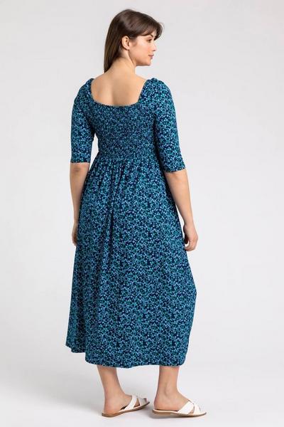 Roman Blue Curve Ditsy Floral Shirred Midi Dress
