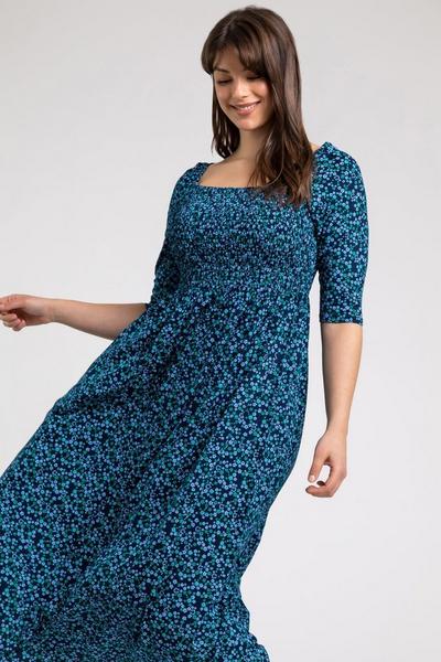 Roman Blue Curve Ditsy Floral Shirred Midi Dress
