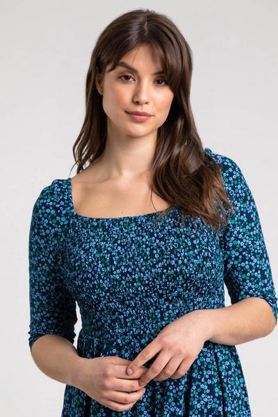 Roman Blue Curve Ditsy Floral Shirred Midi Dress