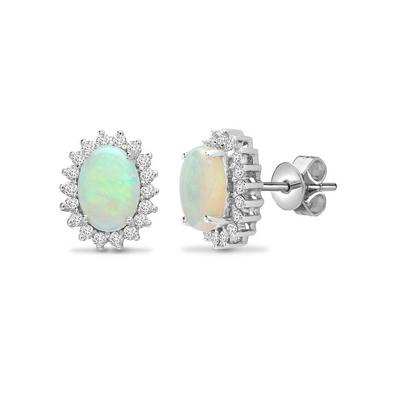 Jewelco London Silver 18ct White Gold 0.3ct Diamond Opal Royal Cluster Stud Earrings