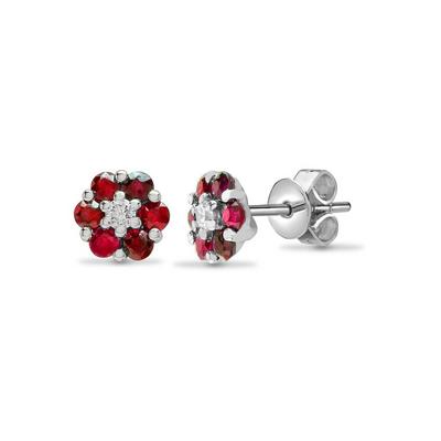 Jewelco London Silver 18ct White Gold Diamond Red Ruby Daisy Cluster Stud Earrings