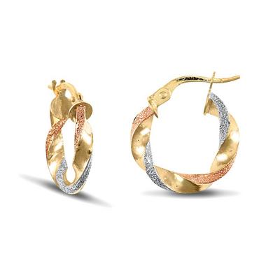 Jewelco London Multi 9ct 3-Colour Gold Frosted Twisted 3mm Hoop Earrings 16mm