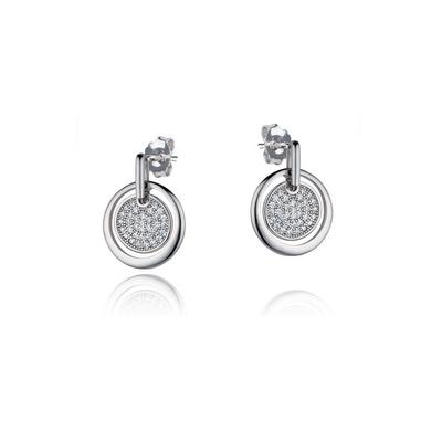 Jewelco London Silver Rhodium Silver CZ Double Circles Drop Earrings