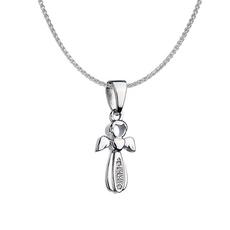 Jewelco London Silver Rhodium Silver CZ Angel Design Cross Charm Necklace 16>18 inch