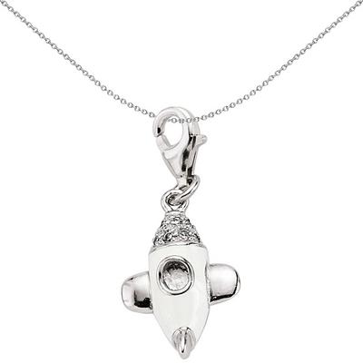 Jewelco London Silver Sterling Silver White Crystal Enamel Space Shuttle Link Charm