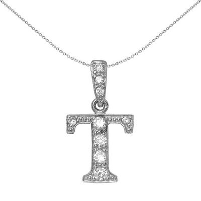 Jewelco London Silver Silver CZ Letter T Initial Pendant Necklace 18 inch