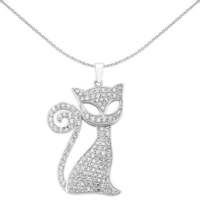 Jewelco London Silver Rhodium Coated Sterling Silver CZ Cat Cluster Pendant