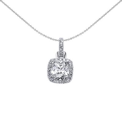 Jewelco London Silver Silver Cushion CZ Halo Cluster Pendant Necklace 18 inch