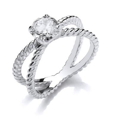 Jewelco London Silver Silver CZ Split Rope Twist Solitaire Engagement Ring