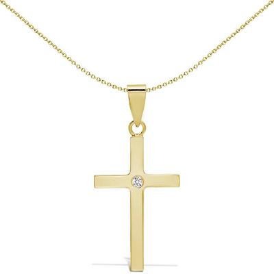 Jewelco London Gold 18ct Gold 0.03ct Diamond Minimalist Solitaire Cross Pendant