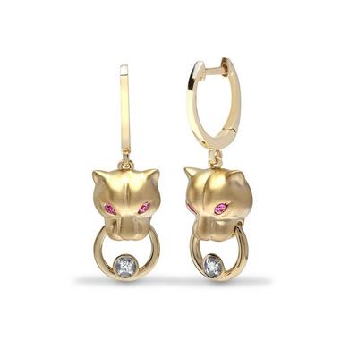 Jewelco London Gold 9ct Gold Diamond Pink Sapphire Panther Door Knocker Drop Earrings