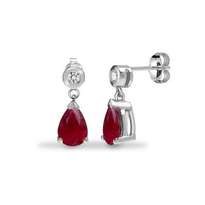 Jewelco London Silver 9ct White Gold Diamond Red Ruby Tears of Joy Drop Earrings