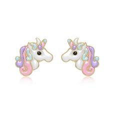 Jewelco London Gold 9ct Gold Enamel Cute Cartoon Unicorn Stud Earrings 11mm