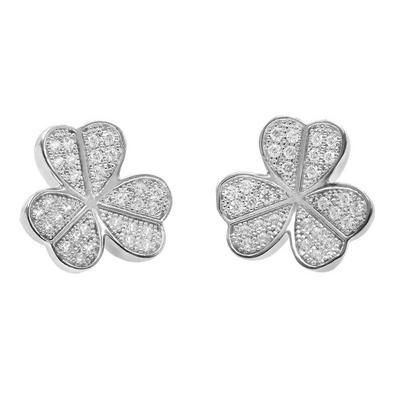 Jewelco London Silver Rhodium Silver CZ Lucky Concaved Clover Leaf Stud Earrings